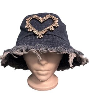 Dark Blue Frayed Edge Bucket Hat with Rhinestone Heart Accent